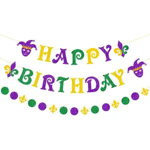 Mardi Gras Happy Birthday Banner Purple Green Gold Glitter Paper Bunting Fleur De Lis Mask Garland Party Decoration