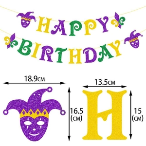 Sparkly Mardi Gras Happy Birthday banner with purple, green, and gold glitter decorations