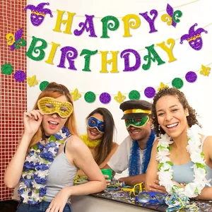 Carnival Happy Birthday party banner and glitter accessories set in purple green gold