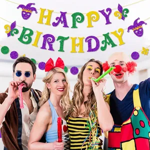 Glittery Happy Birthday banner with masks and fleur-de-lis for carnival themed party