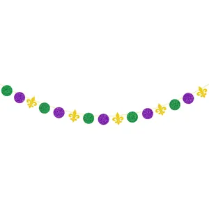 Glittery purple green and gold circle banner with fleur-de-lis for Mardi Gras party decor
