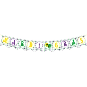 Mardi Gras theme banner with purple, green, and gold swallowtail flags for party decor