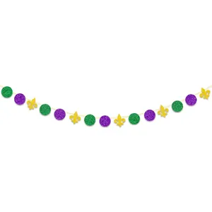 Mardi Gras festive banner with purple green and gold glitter fleur-de-lis and circle shapes