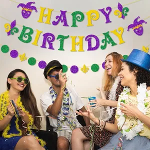 Mardi Gras Happy Birthday banner set with purple green and gold glitter party decorations