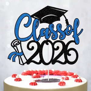 Glittery Class of 2026 cake topper with graduation cap and diploma for party decor