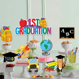 Colorful 1st Graduation cupcake toppers set with school bus and globe designs