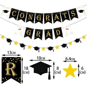 Black and gold Congrats Grad banner set with glitter graduation caps and star streamers