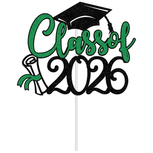 Glittery Class of 2026 cake topper with graduation cap and diploma for party decoration
