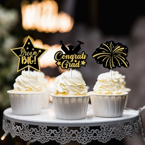 Glittery Congrats Grad and Dream Big graduation cupcake toppers set in gold and black