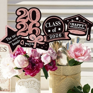 2026 graduation party floral picks set with pink glitter hat and star decorations
