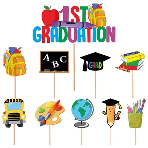 Graduation Cake Toppers Paper Wooden Cartoon School Bus Cap For Kindergarten Preschool Party Decorations