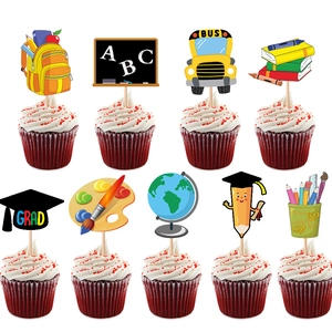 Colorful 9-piece graduation cupcake toppers with school bus and cap on velvet cakes