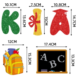 Größenangaben für glitzernde Abschlussbanner Buchstaben, Schultasche und Tafel Requisiten