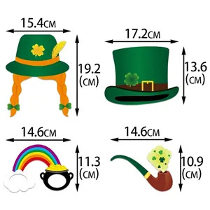 Size chart for 24-piece St. Patrick's Day photo props with green hats and rainbow icons