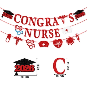 Red glitter Congrats Nurse 2026 graduation banner with medical stethoscopes and caps
