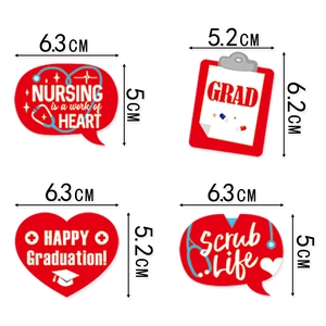 Close-up of nurse graduation party decorations with heart patterns and nursing slogans