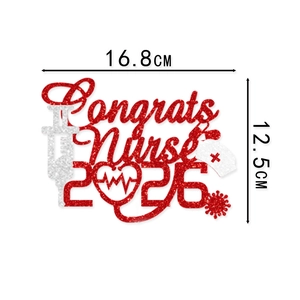 Glittery Congrats Nurse 2026 cake topper with medical icons 16.8cm x 12.5cm
