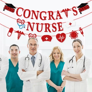 Red glitter Congrats Nurse banner with medical icons for nurse graduation party decor