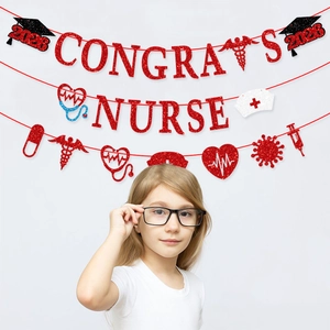 Glittery red Congrats Nurse banner with 2026 graduation cap and medical theme elements