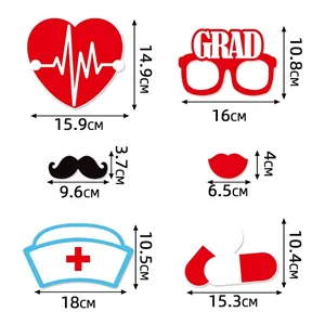 Size chart for 6pcs graduation photo booth props with nurse hat and heart shapes