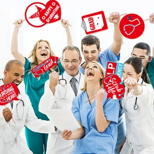 Nurse graduation party photo booth props with stethoscope and heart nursing theme signs