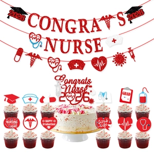 Congrats Nurse Banner Cake Topper Glitter Paper Medical Doctor Graduation Party Decorations Stethoscope Syringe Ornament