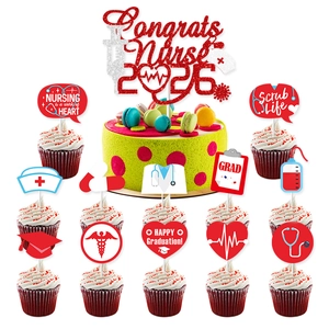 Red glitter Congrats Nurse 2026 cake topper set with medical themed cupcake picks