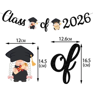 Class of 2026 graduation banner with gnome and glitter gold lettering for party decor