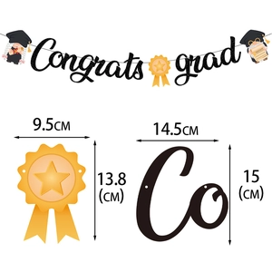 Detailed dimensions of black glittery Congrats Grad banner with gnome academic cap figures