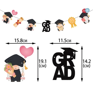Detailed dimensions of 2026 graduation gnome banner and GRAD glitter letter hanging decor