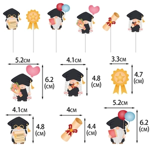 Detailed size dimensions for graduate gnome cake toppers with various accessories