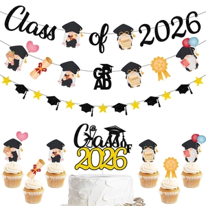 Graduation Decoration Banner Cake Topper Class Of 2026 Congrats Grad Gnome Theme Party Glitter Paper
