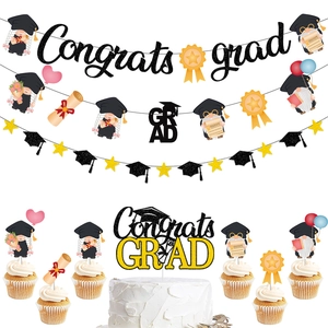 2026 graduation party decoration kit with gnome banners and glitter cake toppers