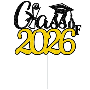 Class of 2026 graduation cake topper in black and gold glitter with mortarboard cap