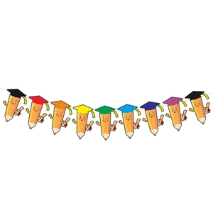 Colorful Preschool Grad banner with pencil cards and graduation caps for classroom decor