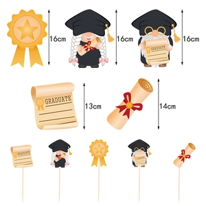 Gnome graduation party cake toppers with diplomas and medals for school decorations