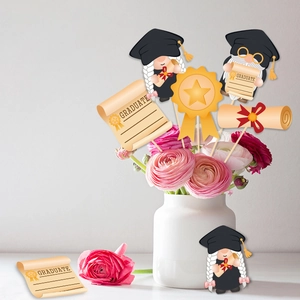 Graduation gnome cupcake toppers and flower vase inserts for university party decor
