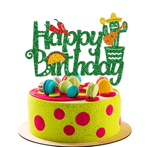 Décoration de gâteau Happy Birthday avec des motifs festifs de taco et de cactus