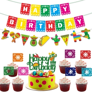 Décoration Anniversaire Fiesta Mexicaine Bannière Papier Coloré Cake Topper Taco Cactus Fournitures De Fête