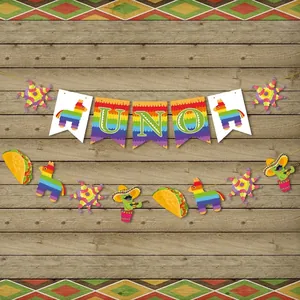Mexican Fiesta UNO theme birthday party banner with colorful taco, cactus and pinata elements