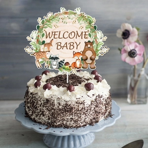 Jungle animals cake topper with Welcome Baby text for woodland baby shower decoration