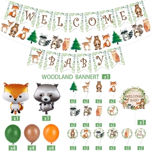Jungle animals baby shower decorations set with banners, balloons and cake toppers