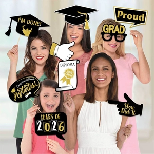 25-piece graduation party photo booth props with gold and black Class of 2026 designs