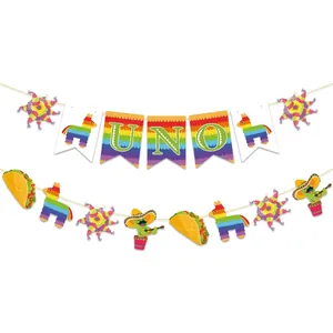 Mexican UNO 1st birthday banner set with colorful taco cactus and pinata party decorations
