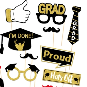 25-piece black and gold graduation party photo props with glitter finish and wooden sticks