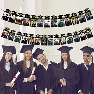 Black and gold Congrats Grad photo banner with frames for graduation party decor