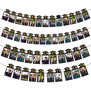 Graduation Photo Banner Doctoral Hat Paper Garland Congrats Grad Gold Foil Glitter Party Decorations Ceremony Decor