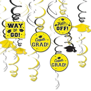 Graduation spiral ceiling hanging decorations with yellow and black congrats cards
