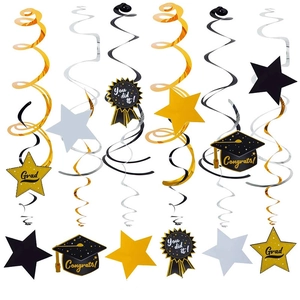 Décorations de fête de remise des diplômes avec tourbillons et pendentifs noir et or