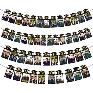 Black and gold Congrats Grad 2026 graduation photo banner set with mortarboard designs